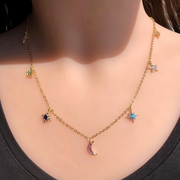 

chains colorful small moon and stars pendant necklaces for women full pave cubic zirconia gold color chain statement jewelry, Silver