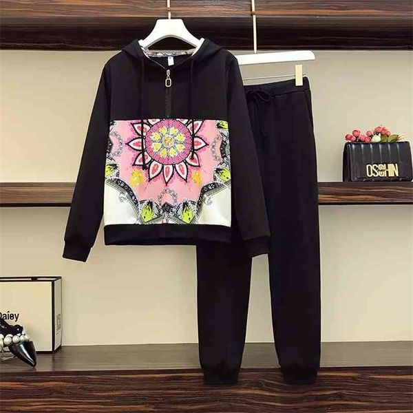 

autumn tracksuit women print patchwork long sleeve zipper hoodies and elastic waist pants two piece set outfit 210519, White
