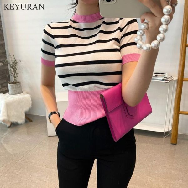 

women's t-shirt 2021 summer korean striped splicing knitted t shirts women short sleeve o-neck casual fashion female tees pullover t-s, White