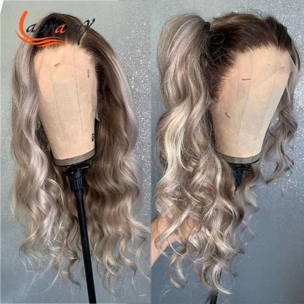 

613 hd transparent ombre grey blonde body wave lace frontal human hair wigs remy pre plucked bleached knots 13x6x11, Black;brown