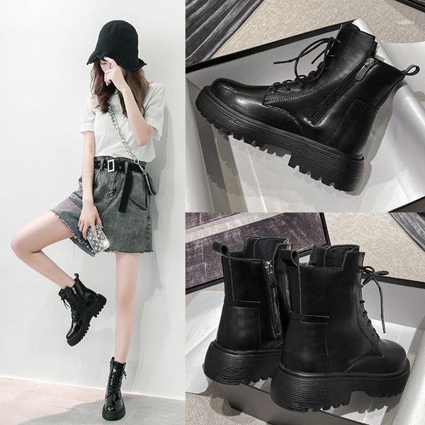 

boots zipper shoes women thick heels lace-up solid platform matte casual fashion ladies shoe glossy plus size11, Black