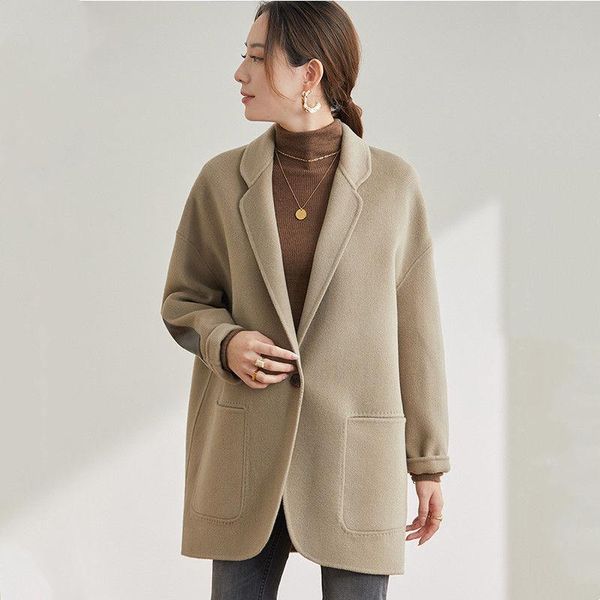 

women's wool & blends [ewq] korea autumn winter women middle long simple single button lapel coat loose thin woolen female tide 2021 16, Black