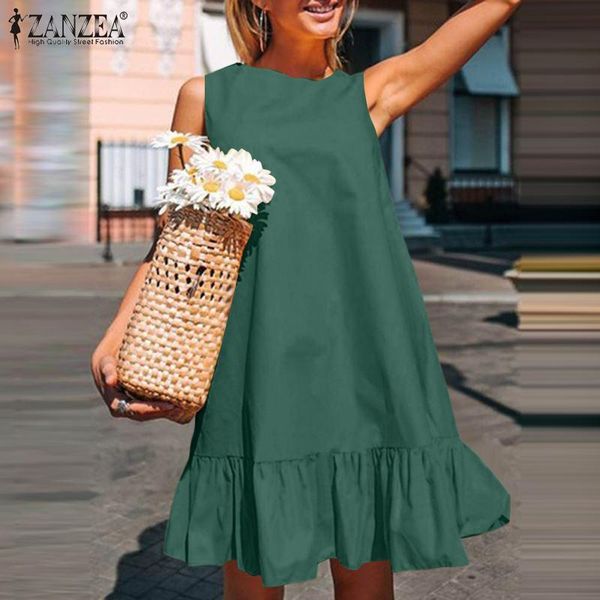 

casual dresses 2022 summer women o neck sleeveless solid a-linen dress loose bohemian party beach midi vestidos ruffles sundress, Black;gray