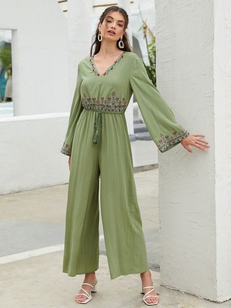 

1 pc flounce sleeve floral embroidery self belted jumpsuit u2xg#, White