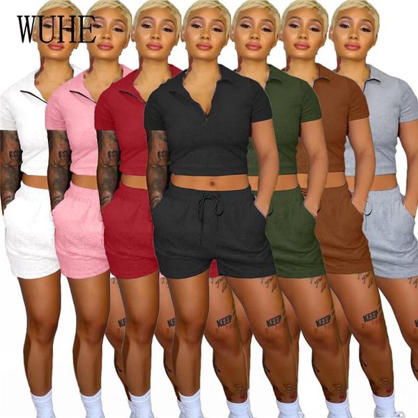 

women's tracksuits wuhe casual sports 2 sets zipper up short sleeve turn down collar crop pockets drawstring pants fitness outfits, Gray