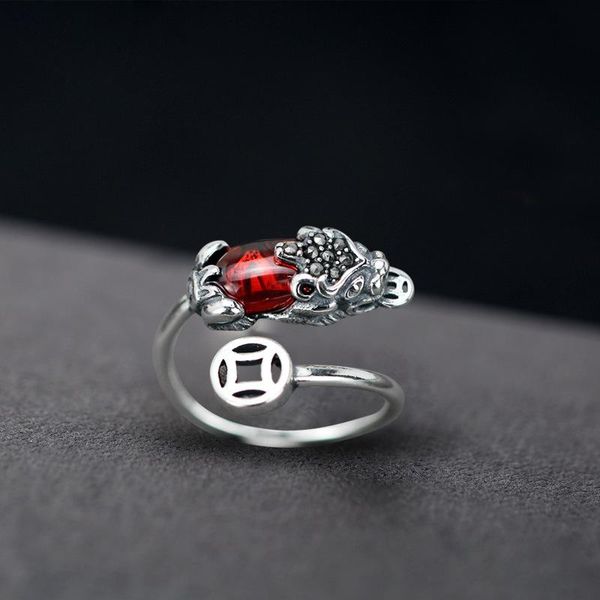 

cluster rings arrival 100% 925 sterling silver retro brave troops animal natural garnet ladies ring jewelry for women birthday gift, Golden;silver