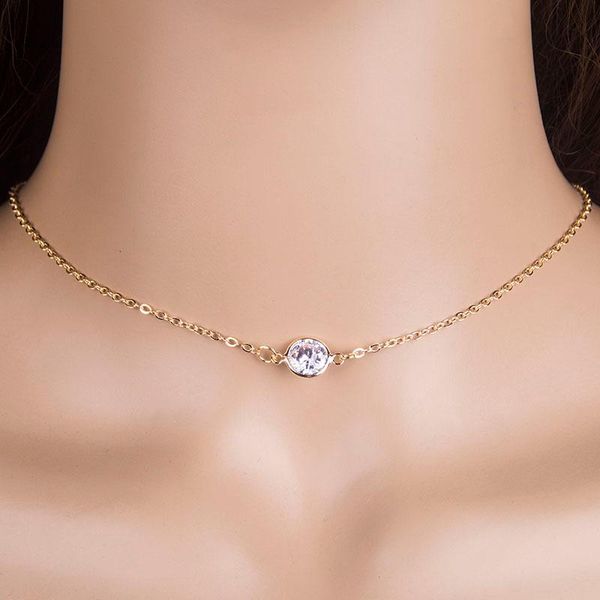 

chokers sparkling solitaire cubic zircon necklace round minimal gold pendant rhinstone crystal choker gift wedding jewelry, Golden;silver