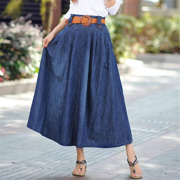 

skirts women casual long maxi jeans skirt vintage a line high waisted pleated elegant denim 60191, Black