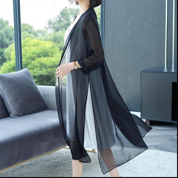 

7xl 8xl chiffon long womens shirts cardigan spring sashes transparent plus size summer woman, White