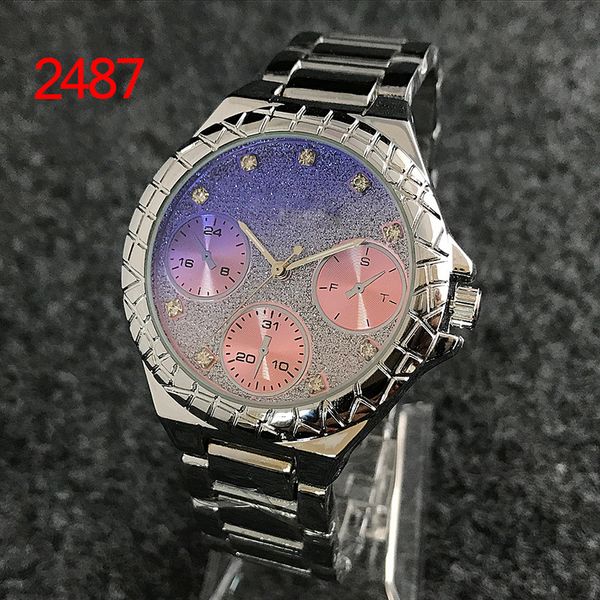 

fashion personality creative watch gypsophila gradient color three-eye six-pin diamond-set simple scale couple models versatile quartz watch, Slivery;brown