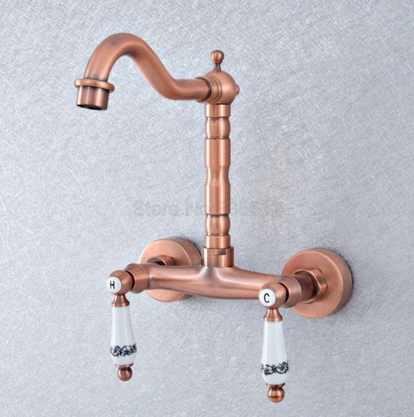 

antique red copper wall mounted swivel spout kitchen sink vessel faucet dual ceramic lever bathroom basin taps tsf905 faucets