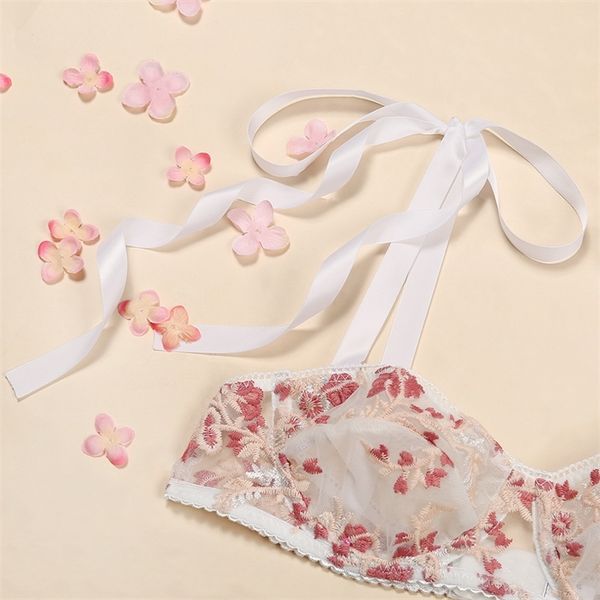 

aduloty floral lace tie shoulder skort lingerie set embroidered mesh bra string bralette set transparent underwear, Black;white