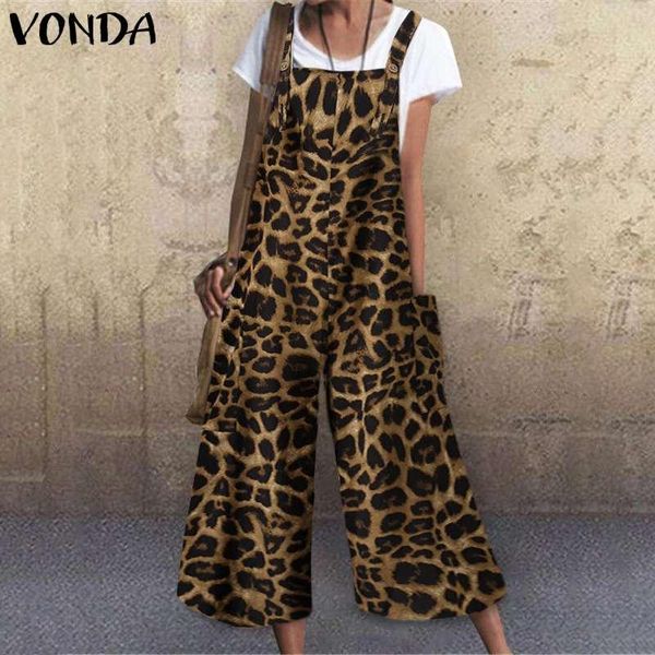 

women's jumpsuits & rompers summer overalls women'jumpsuits square collar vintage leopard print lady vonda 2021 wide leg pants, Black;white