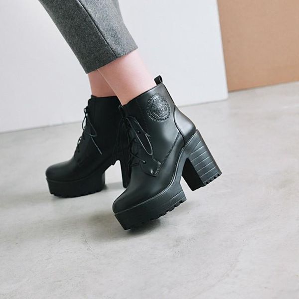 

boots big size women shoes ankle for ladies woman winter cross strap thick sole heel, Black
