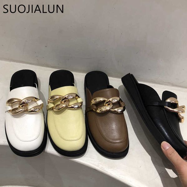 

suojialun women slipper flat heel round toe slip on mules shoes brand design gold chain slides shoes ladies flip flop 210630, Black