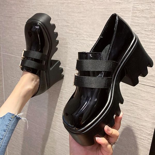 

dress shoes spring autumn belt buckle super high pumps for women thick platform chunky sole slip-on patent leather footwear, Black