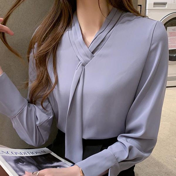 

autumn long sleeve chiffon blouse shirt women blusas mujer de moda 2021 bow v-neck office lady blusa d620 women's blouses & shirts, White