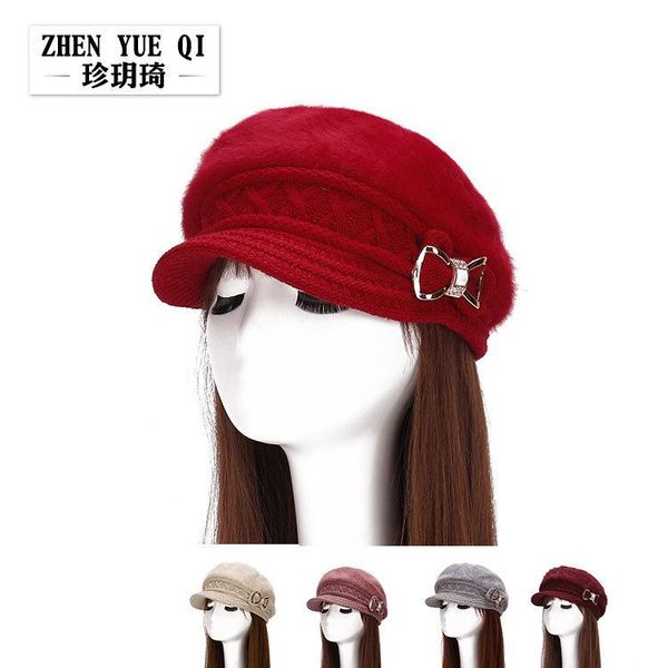 

berets beret ladies hat winter plus velvet fur fashion crystal bow knitted, Blue;gray