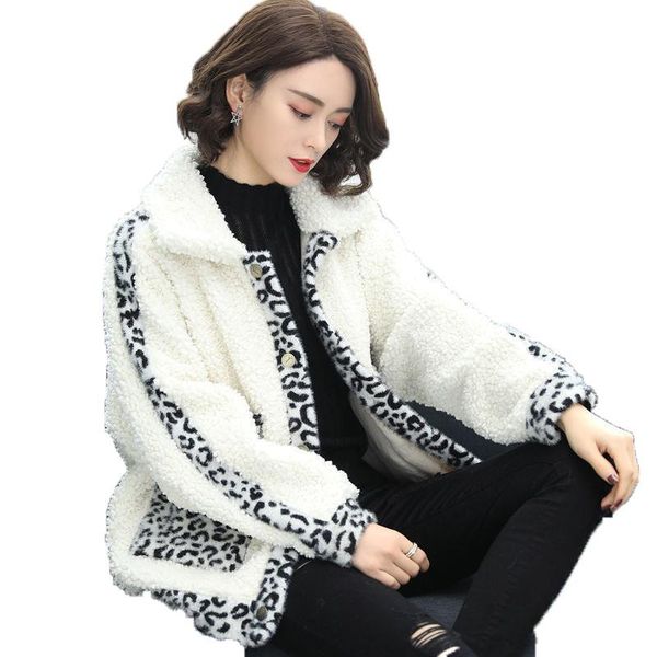 

women's fur & faux ladies autumn winter jackets coat imitation lamb wool leopard splicing jacket oversized casual outwear female, Black