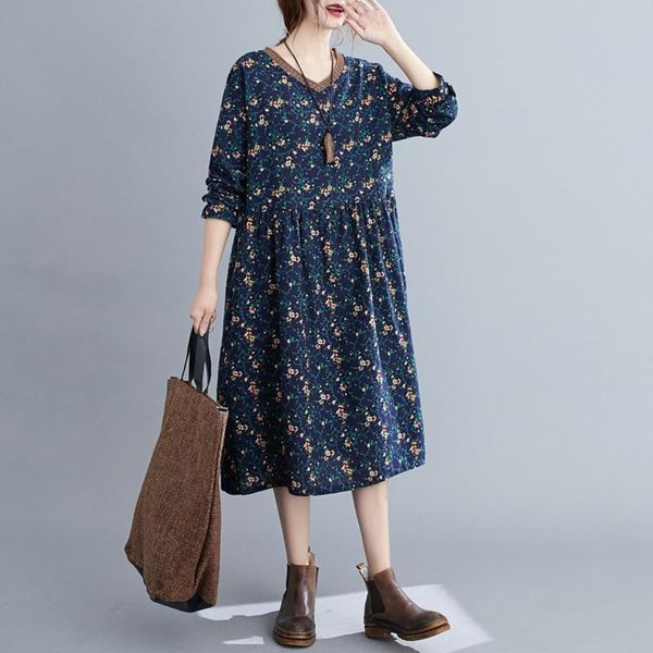 

casual dresses vintage women floral print long sleeves loose pocket oversized vestidos robes femme sundress autumn spring, Black;gray