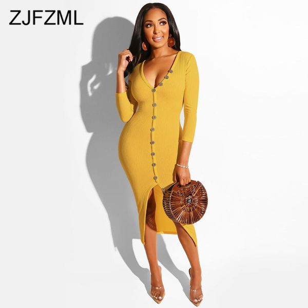 

single-breasted elastic hight knitted dresses women deep v neck long sleeve sheath dress elegant simple basic slim vestido casual, Black;gray