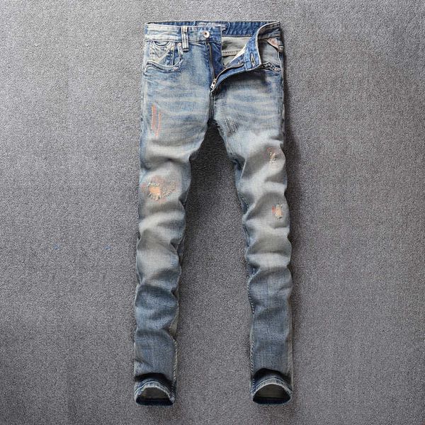 

ly designer fashion men jeans slim fit elastic cotton ripped embroidery patchwork italian vintage denim long pants nsnx, Blue