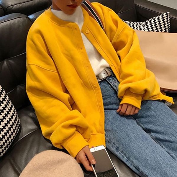 

women's hoodies & sweatshirts basic jackets women solid yellow plus velvet korean preppy style elegant vintage simple chic autumn ladie, Black