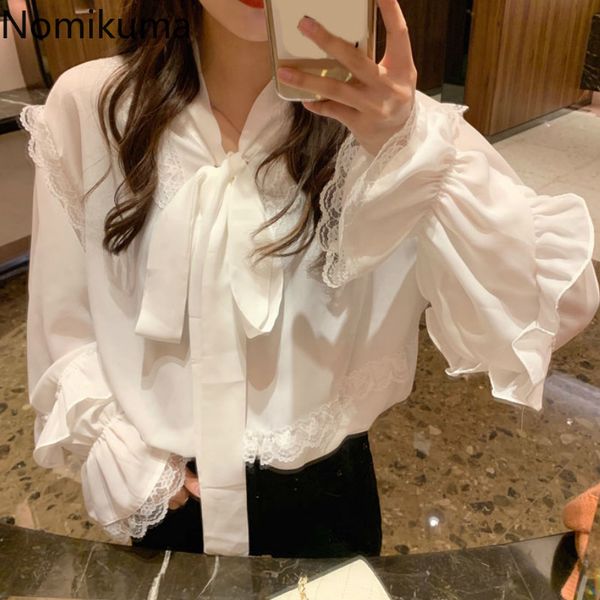 

nomikuma bow tie collar long sleeve white shirt women lace patchwork single breasted chiffon blouse elegant fashion blusas 3c575 210514