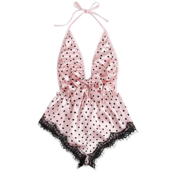 

women's swimwear backless polka dot pink halter bodysuits women sweet cute lace up patchwork babydoll lingerie rompers sleepwear, White;black