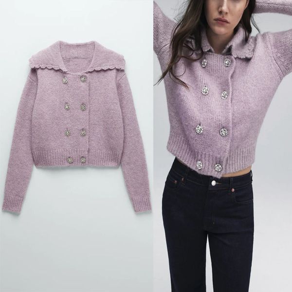 

knits za double breasted jewel button knit cardigan women long sleeve vintage purple sweater woman fashion soft knitted, White