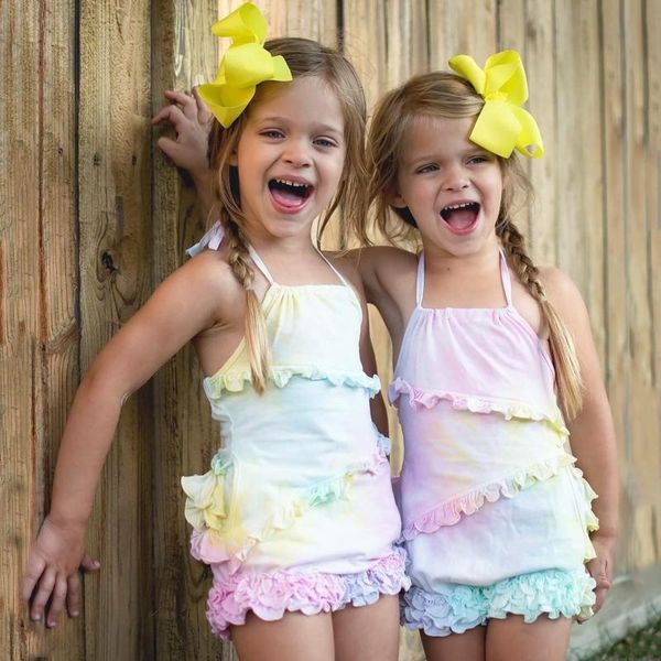 

toddler baby girls summer rompers clothes suspenders ruffle backless tie-dyed one piece romper jumpsuit children's clothing jumpsuits, Blue