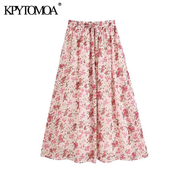 

women chic fashion floral print pleated midi skirt high elastic waist drawstring with lining female skirts 210420, Black
