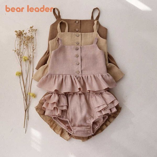 

bear leader toddler baby sweet clothing summer casual baby girls ruffles vest and shorts outfits kids linen infant clothes suits 210708, White