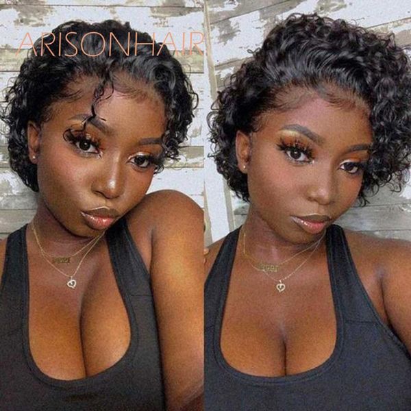 

arisonhair pixie cut bob short curly 250 density lace front human hair wigs brazilian remy pre plucked with baby1, Black;brown