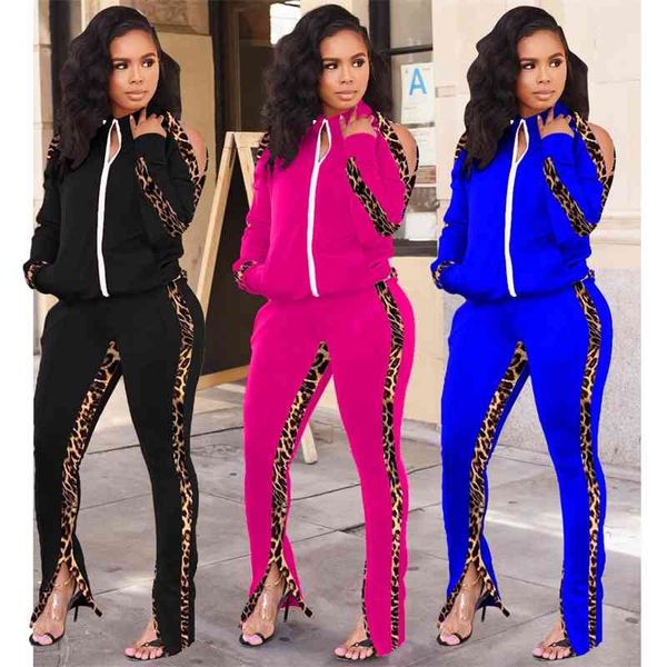 

casual sportwear tracksuits women leopard patchwork stand collar off the shoulder coats high waist split pants two-piece set, White