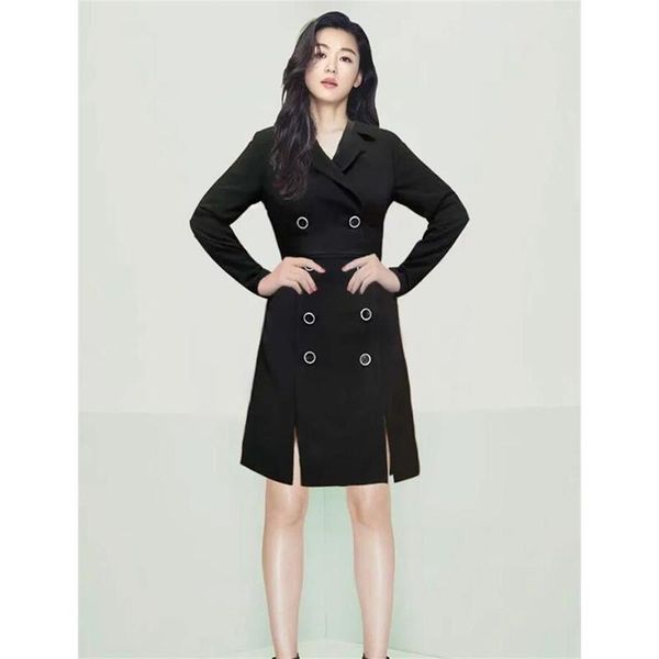 

casual dresses women runway dress spring autumn nortched neck double breasted long sleeves split elegant np1286c, Black;gray