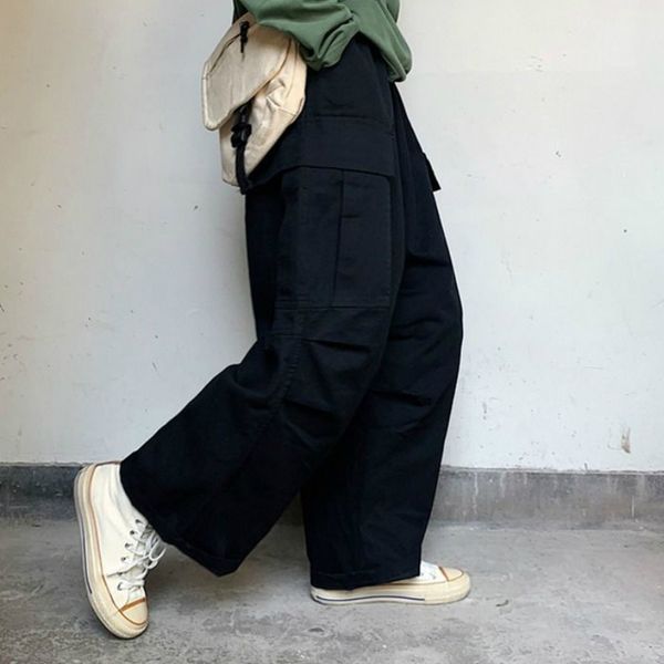 

casual pants men loose solid pockets harem trousers elastic waist simple chic mens all-match korean style trendy ankle-length bf, Black
