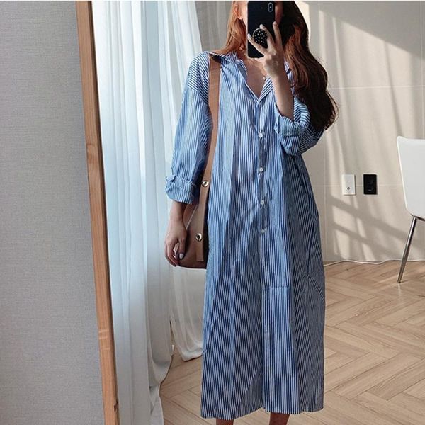 

casual dresses women autumn turn down collar office ladies stripe shirt dress long boho beach sleeve vestidos, Black;gray