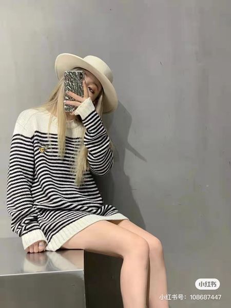 

70% off autumn winter 2021 black and white stripe versatile age reducing sweater knitted female loose lazy pullover r8ul, Black;gray