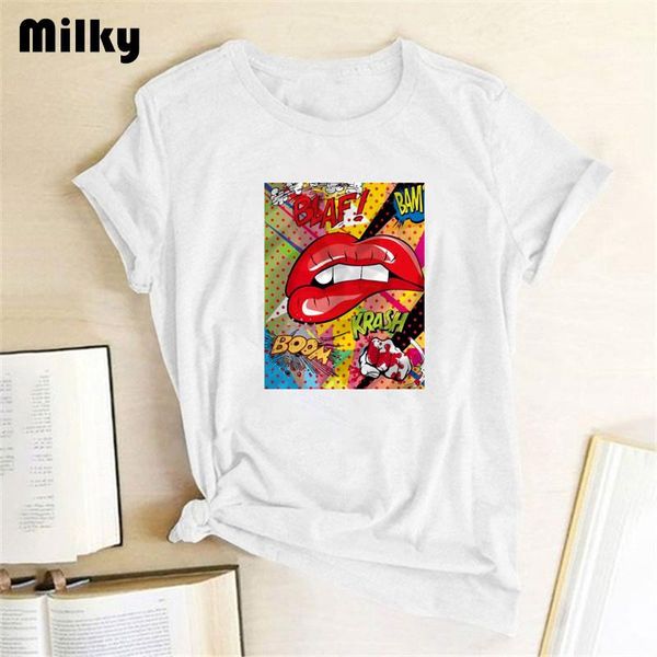 

women's t-shirt funny red lips print t shirt for women 2021 summer fashion graphic tees punk femme short sleeve aesthetic, White