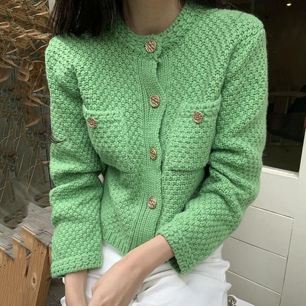 

women's knits & tees retro o neck chic single breasted loose women cardigans pocket thick needle long sleeve knitted korean style swea, White