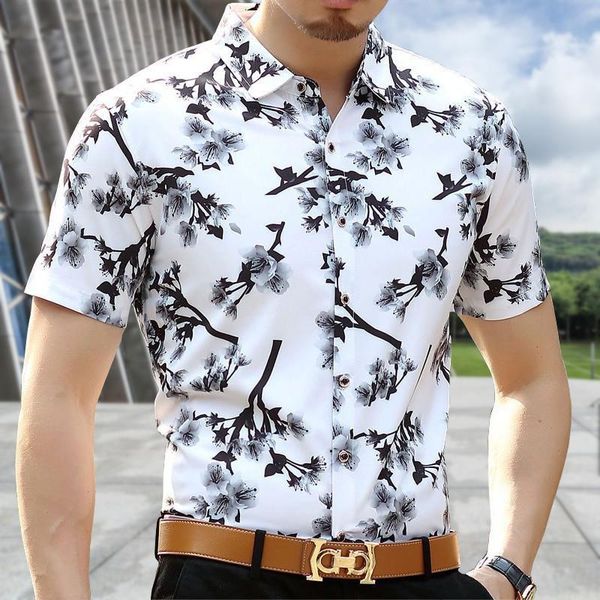 

floral print shirt men slim fit chemise homme flower mens summer business dress shirts camisa social masculina blouse men's casual, White;black