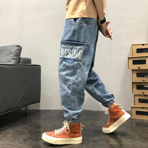 

printed jeans men's loose cropped pants denim trousers men hip hop, Blue