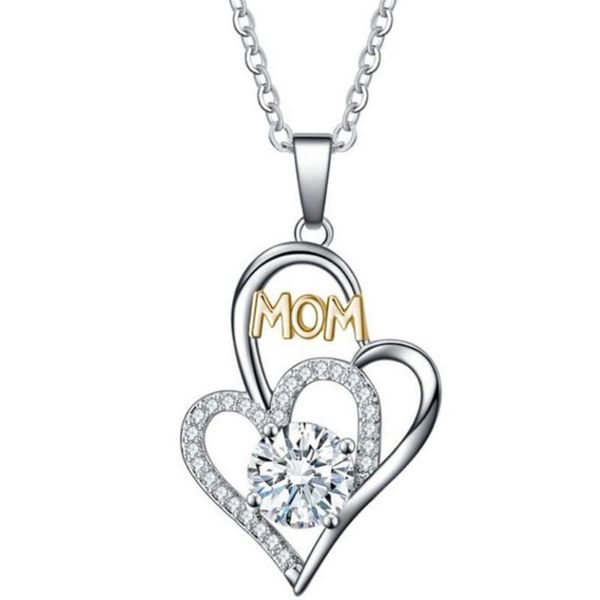 

high-grade mom necklace mother's day double heart gift pendant necklaces, Silver