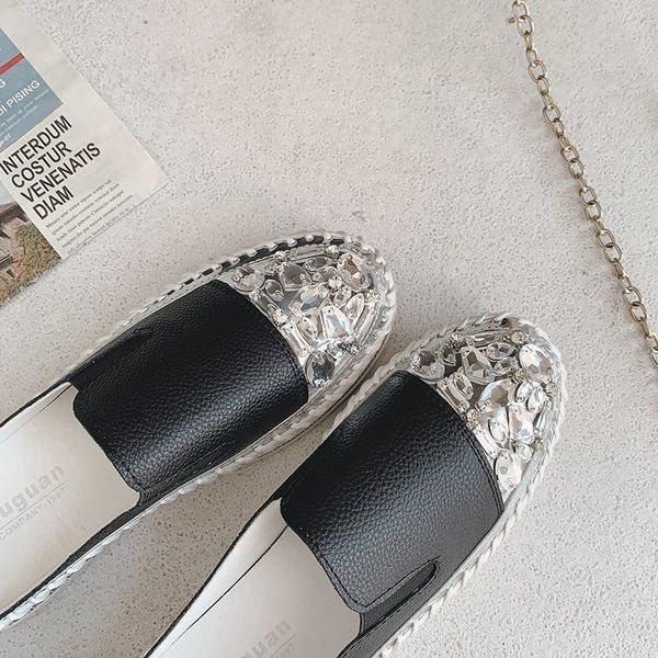 

sandals crystals round toe leather flats shoes women platform slippers silver bling loafers couple woman flat students size 43 562, Black
