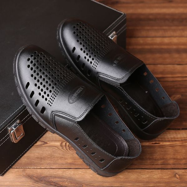 

summer hollow sandals men's busins drs leather shoes casual british breathable middle-aged and elderly dad's, Black