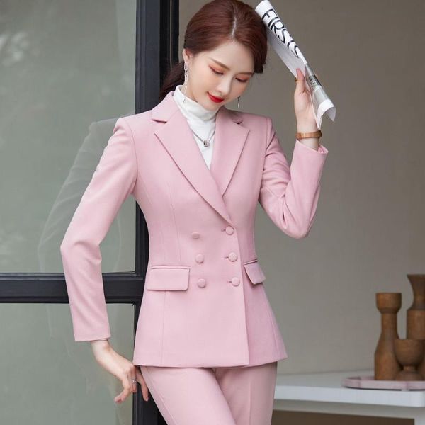

women's two piece pants 2021 autumn and winter professional wear casual office sets double breasted ladies jacket two-piece fashion tro, White