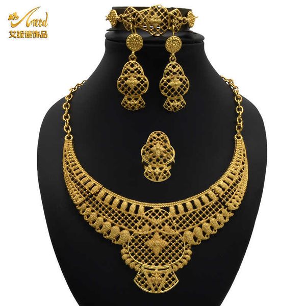 Conjunto de jóias Dubai grande colar para mulheres indianas luxo jóias brincos de casamento anéis nupciais conjuntos braceletes banhado a ouro indiano H1022