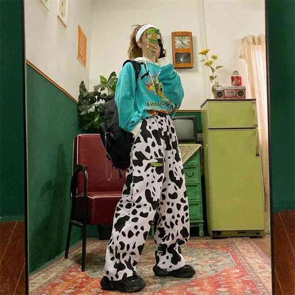 Houzhou vaca impressão de cargas de carga mulheres kawaii tamanho grande perna calças para estilo de rua feminina palazzo harajuku hip hop hop 210915