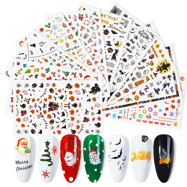 Halloween Nail Art Stickers Kerstmis zelfklevende 3D-nagels sticker Pompoen Ghost Kerstman Decals Manicure Tools